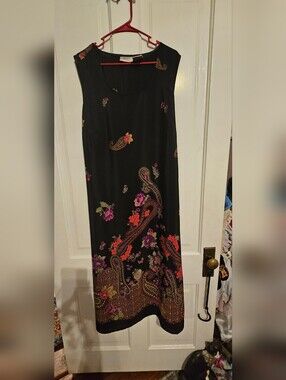 Kathie Lee Collection Black Maxi Dress with Pink Purple and Orange Paisley